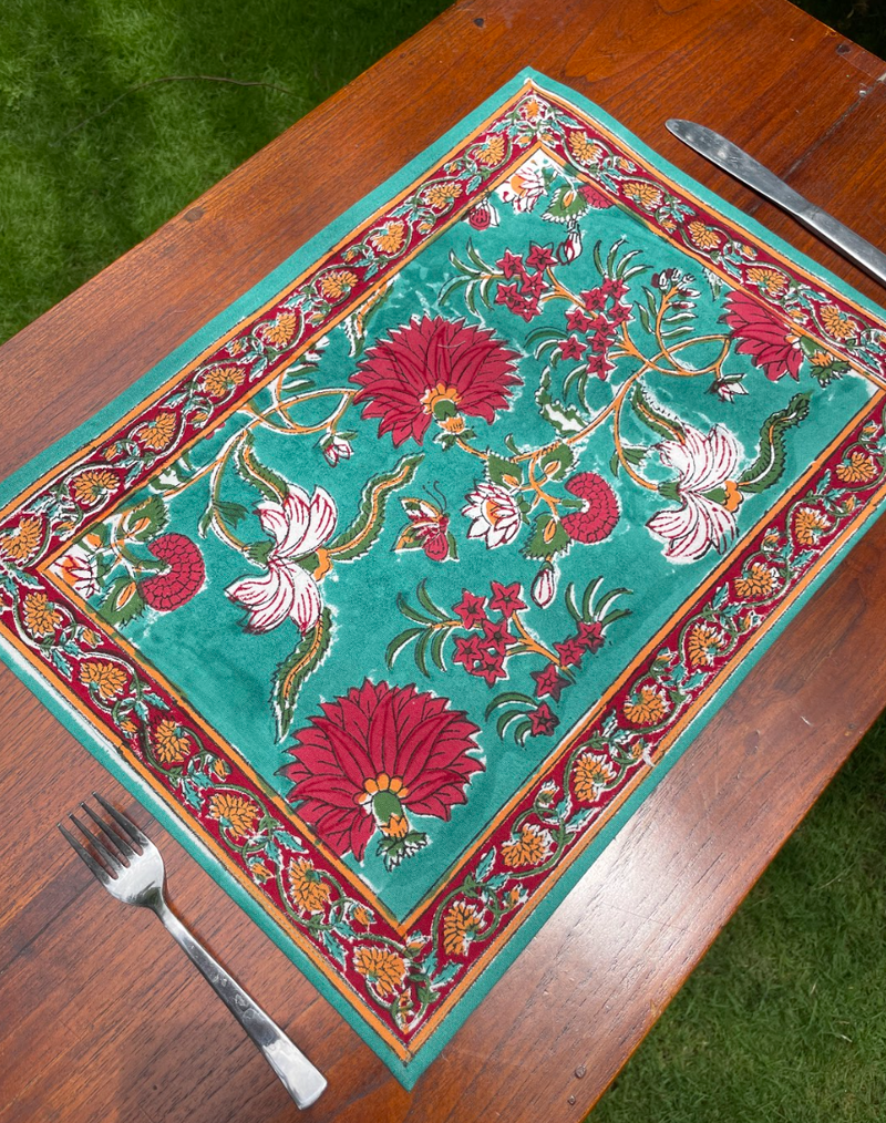 Block Print Cotton Placemats Set of 6 | Vintage Floral Teal
